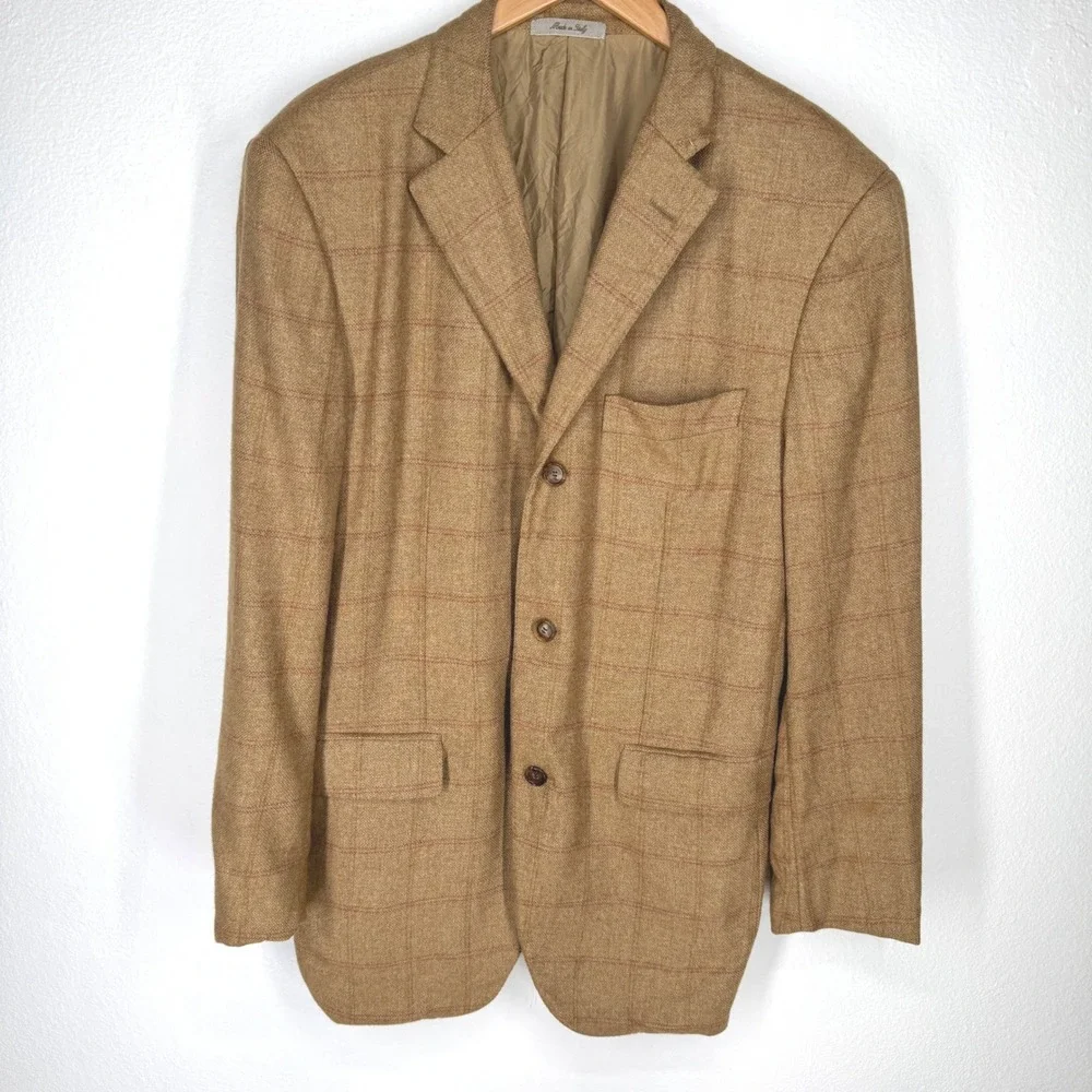 Hugo Boss Mens 42R Tan Windowpane Wool‎ Camel Hair Blazer 3 Button LuxuryItaly